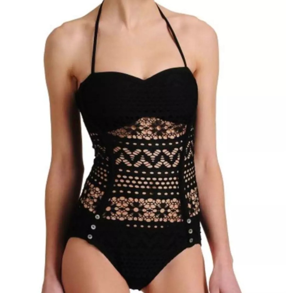 Robin Piccone One-Piece Swimsuit Women's 12 Black‎ Penelope Crochet Overlay